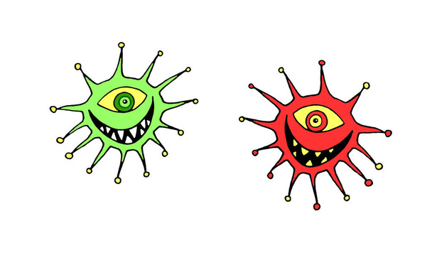 Illustration de personnage de virus de bande dessinée. icône de caractère monstre microbe pathogène. Contexte et texture
. - Photo, image
