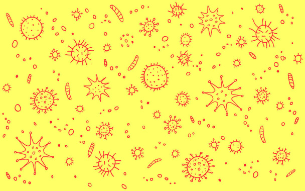 Virus, Coronavirus. Antecedentes, patrón, marco con contorno Moléculas y células infección por bacterias virales. Iconos simples de garabatos. Microbiología
. - Foto, imagen