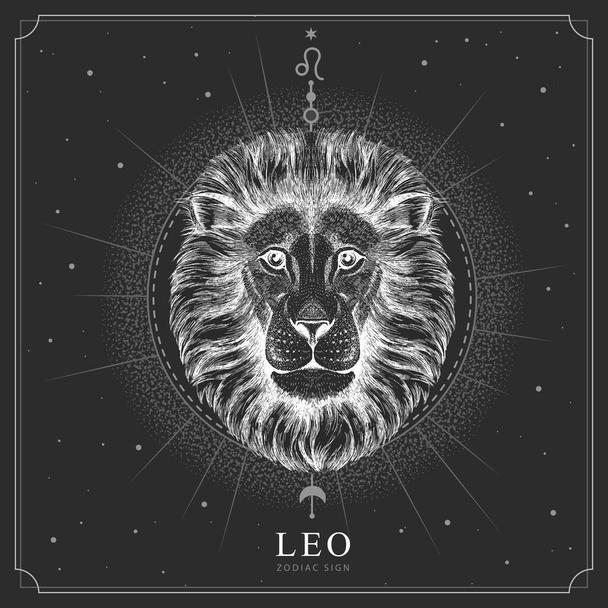 Modern magic witchcraft card with astrology Leo zodiac sign. Realistic hand drawing lion head - Διάνυσμα, εικόνα