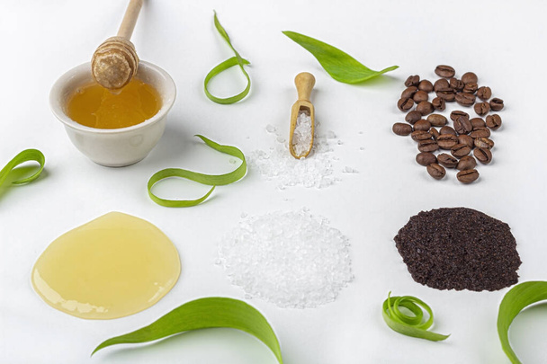 Natural organic ingredients homemade skin care. Cleansing and nourishing cosmetic. Beauty products: cream, honey, coffee scrub,  among green leaves on white background. Close up, copy space for text - Photo, image