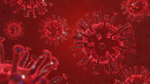 Vörös Vírus vagy baktériumsejtek A mikroszkóp közel van a háttérhez. COVID-19 Coronavirus háttér, felelős a világméretű influenzajárvány és a STOP coronavirus pandémia. Víruszáró koncepció. 3D-s renderelés. - Fotó, kép