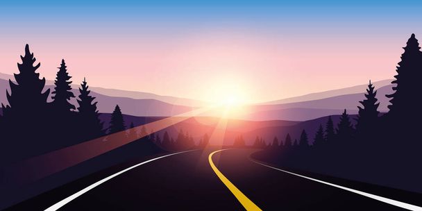 日の出の森のアスファルト高速道路紫の旅の風景 - ベクター画像