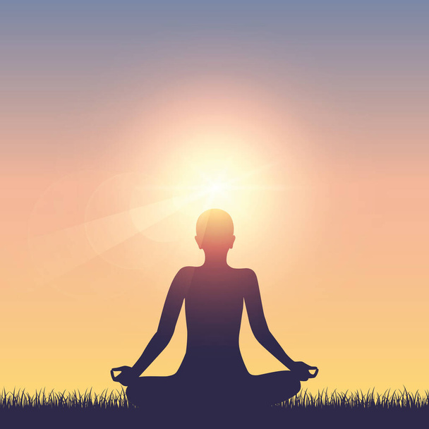 meditating person on summer meadow at sunshine - Vector, Image