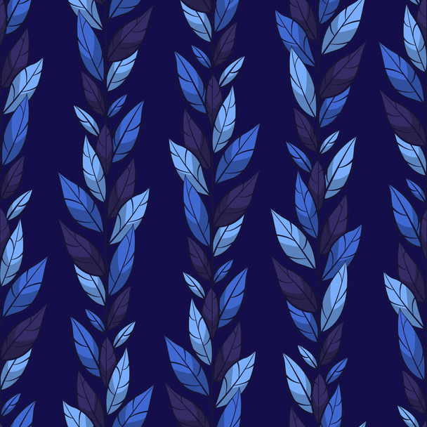 Vector seamless pattern with vertical blue branches and leaves on blue background; foliage design for fabric, wallpaper, wrapping paper, textile, package, web design. - Вектор, зображення