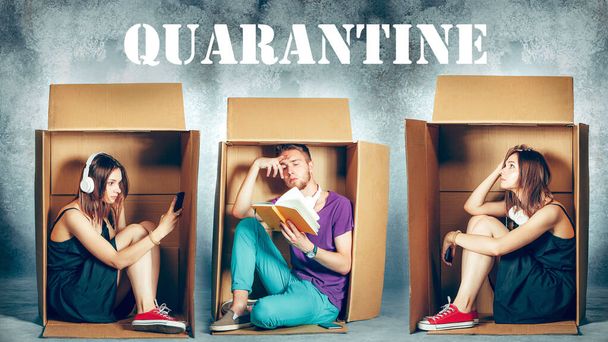 People at quarantine because of coronavirus spreading - sitting inside little boxes, staying home concept - Фото, изображение