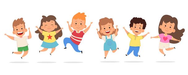 Onnelliset lapset iloisesti hyppivät ja nauravat
 - Vektori, kuva