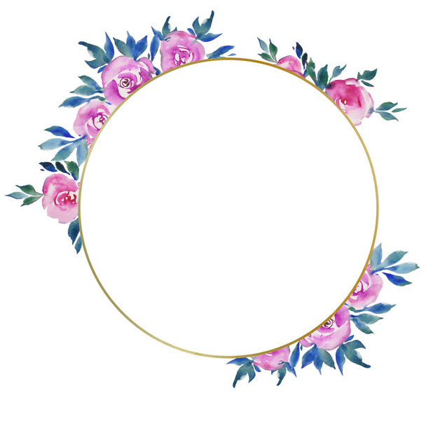 golden round frame with pink roses, floral design, wedding monogram, watercolor illustrations, composition in a geometric Golden frame - Photo, Image