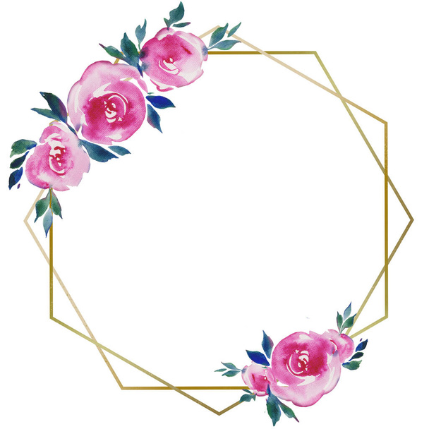 golden frame with pink roses, floral design, wedding monogram, watercolor illustrations, composition in a geometric Golden frame - Photo, Image
