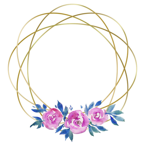 golden round frame with pink roses, floral design, wedding monogram, watercolor illustrations - Foto, Imagen