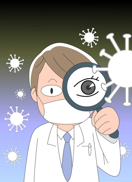 Illustrazione di un medico che guarda un virus con una lente d'ingrandimento
. - Vettoriali, immagini