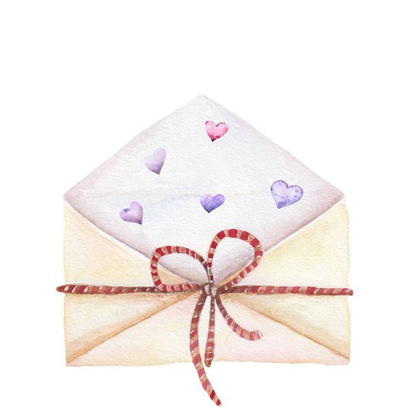 watercolor envelope with red and purple hearts inside on a white background - Photo, Image