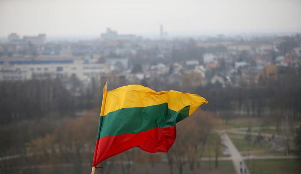 The Lithuanian flag is waving in tricolor over the city - Photo, Image