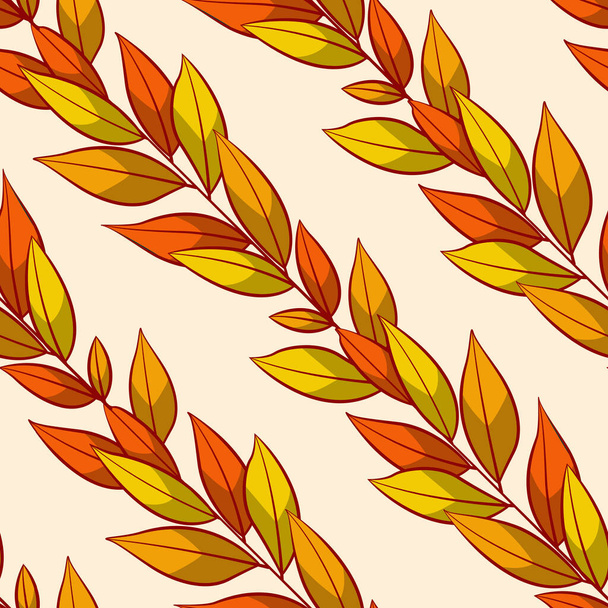 Vector seamless pattern with diagonal autumn branches and leaves; colorful natural design for fabric, wallpaper, textile, wrapping paper, package, web design. - Vector, Image