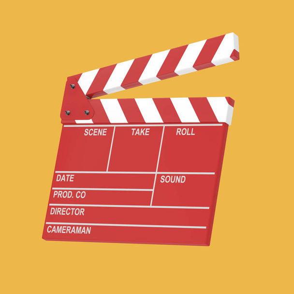 Red Movie Production Clapper Board auf gelbem Hintergrund. 3D-Darstellung - Foto, Bild