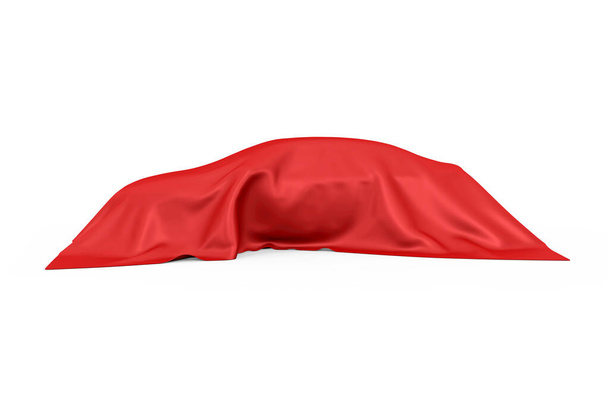 Сюрприз, награда или премия. Скрытый седан автомобиль покрыт белой шелковой тканью на белом фоне. 3D-рендеринг
 - Фото, изображение