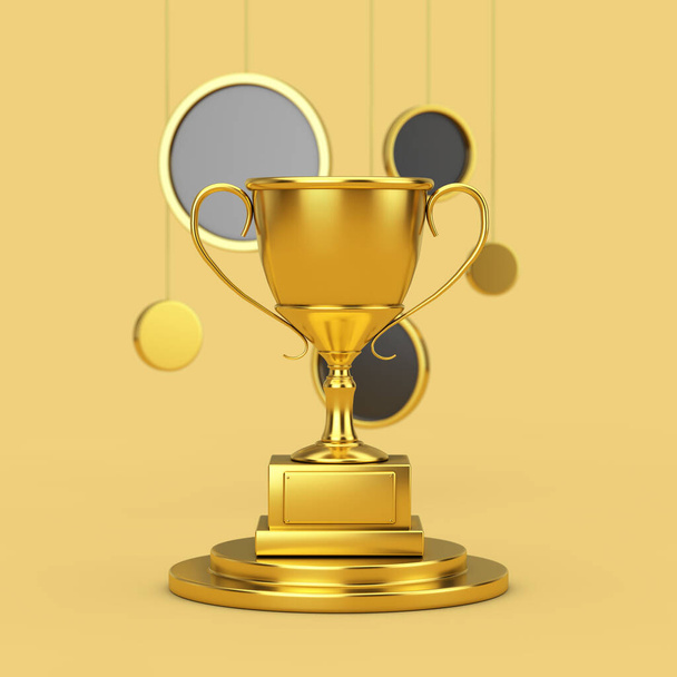 Golden Award Trophy Cup op een gouden sokkel met hangende abstracte cirkels op een gele achtergrond. 3d Rendering - Foto, afbeelding