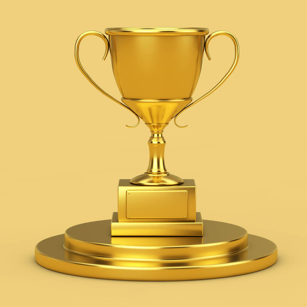 Golden Award Trophy Cup on a Golden Pedestal on a yellow background. 3d Rendering - Photo, Image