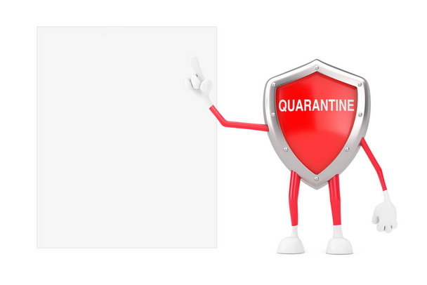 Nette Cartoon Red Metal Medical Shield Mascot Person Charakter mit Quarantäne-Zeichen und leeres Papier auf weißem Hintergrund. 3D-Darstellung - Foto, Bild