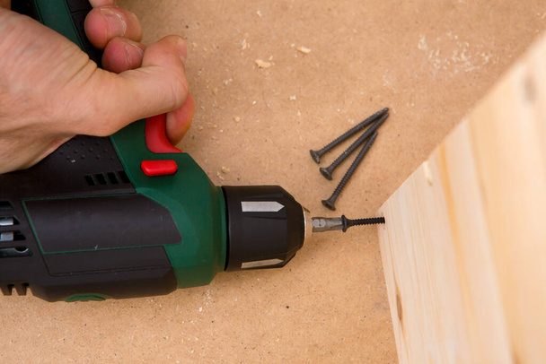 Drill driver whit screw on wooden background. Hand and screw gun or drill holding screw on wood. Making wooden furniture.  - Photo, Image