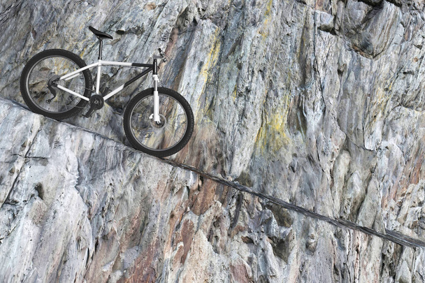 Bicicleta de montaña en blanco y negro en un primer plano extremo de Rocky Mountain Road. Renderizado 3d
 - Foto, Imagen