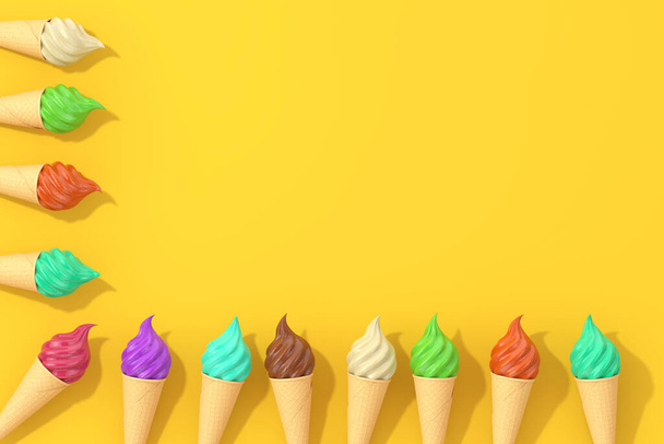 Row of Multicolour Soft Serve Ice Cream in Waffle Crispy Ice Cream Cone na żółtym tle. 3d Renderowanie - Zdjęcie, obraz
