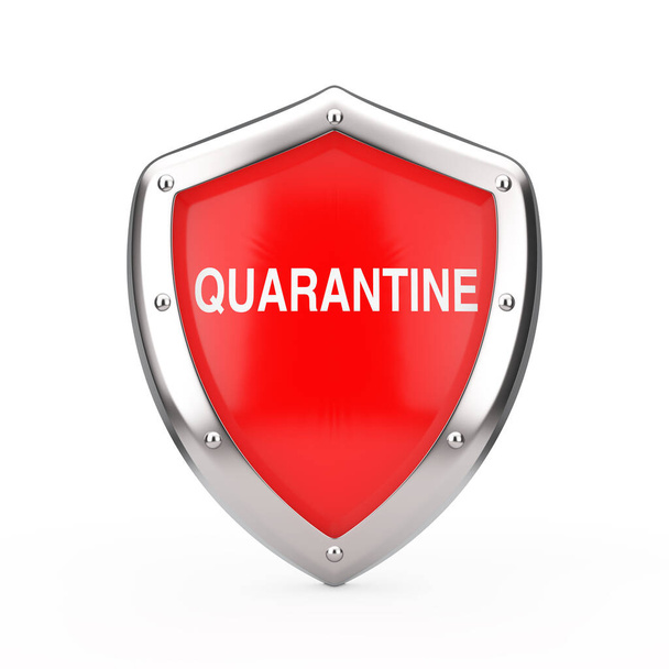 Red Metal Medical Shield με Quarantine Sign σε λευκό φόντο. 3d απόδοση - Φωτογραφία, εικόνα
