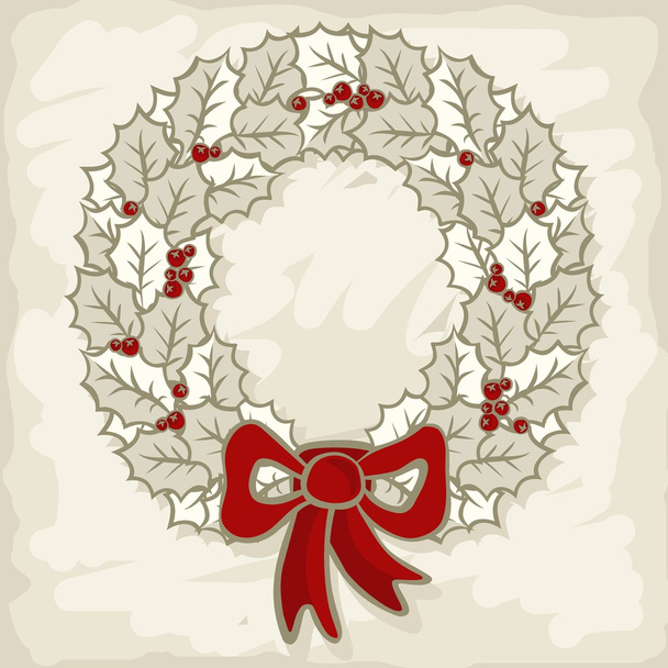 Beautiful holly leaves wreath on light background monochrome Christmas New Year winter holidays decorative illustration card centerpiece - Wektor, obraz