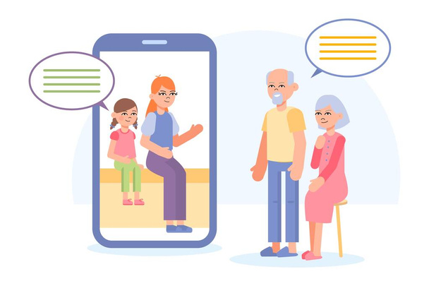 Grandparents make video call with Smartphone. - Vector, Image