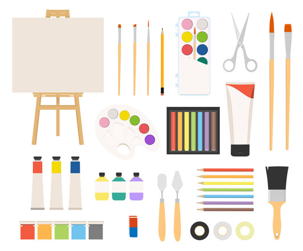 Painter art tools. Paint arts tool kit vector illustration. Watercolor painting design artists supplies, easel and palette, painting brush and draw materials - Vector, Image