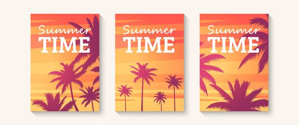 Summer tropical background. Brochure, cover, banners template. Palms silhouettes on the beach. Sunset or sunrise colors. Beautiful nature landscape. Simple modern design. Flat vector illustration - Вектор, зображення