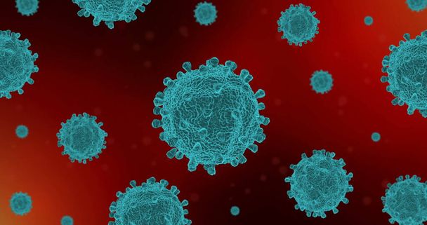 Células de coronavirus de la gripe azul covid-19 que fluyen sobre un fondo rojo abstracto como casos peligrosos de deformidad de la gripe como concepto de riesgo de enfermedad pandémica para la salud
 - Foto, imagen