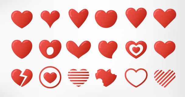 Hearts set isolated on white background. Simple modern design. Icons, signs or logos. Red color. Objects to the Valentine's Day. Flat style vector illustration. - Vektor, Bild