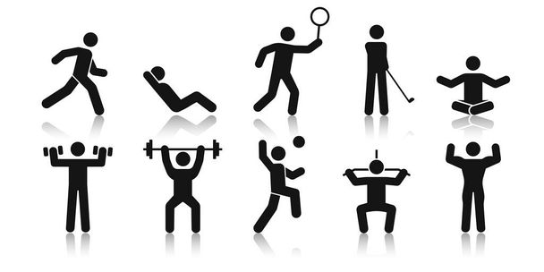 Stick figure sports. Posture stickman. People sport icons set. Man in different poses and positions, doing exercises. Black silhouette. Simple cute modern design. Flat style vector illustration. - Vector, Image