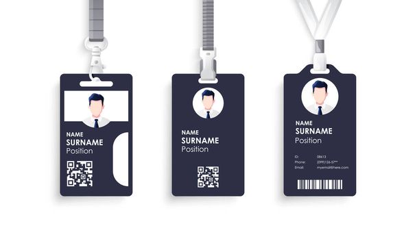 Vector id card template with clasp and lanyard. Blue and white color mock up set. Modern colorful icon collection. Employee ID. Simple realistic design. Cute cartoon style. Flat style illustration. - Vector, Imagen