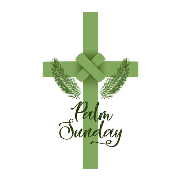 A Christian Palm Sunday religious holiday lettering with palm branches and leaves and cross illustration. Vector EPS 10 available. - Vector, Image