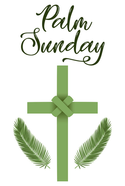 A Christian Palm Sunday religious holiday lettering with palm branches and leaves and cross illustration. Vector EPS 10 available. - Vector, Image