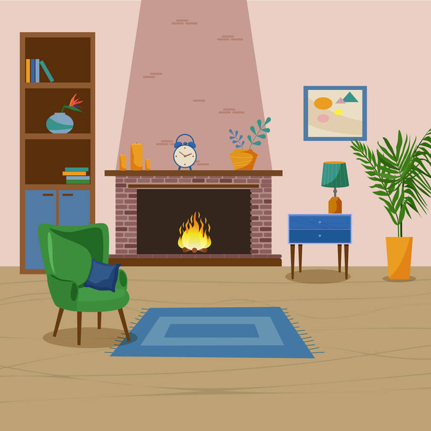 Living room interior with furniture, houseplants and home decorations. Flat cartoon vector illustration. - Vector, Image