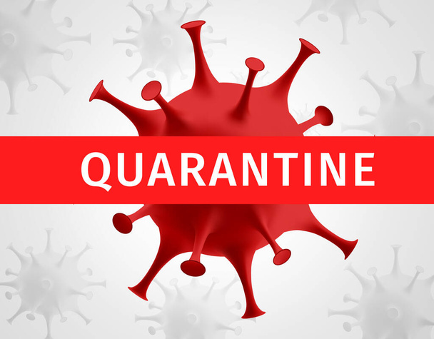 Coronavirus quarantine banner. Protection against dangerous virus. Red coronavirus icon isolated on white background with red stripe mask with text Quarantine. Health Care. 3D vector illustration - Vektör, Görsel