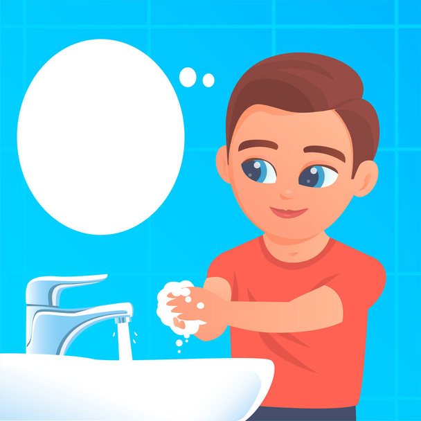 Ένα αγόρι πλένει τα χέρια του με σαπούνι κατά τη διάρκεια μιας επιδημίας. Εικονογράφηση διανύσματος σχετικά με την υγιεινή και την πρόληψη λοιμώξεων. - Διάνυσμα, εικόνα