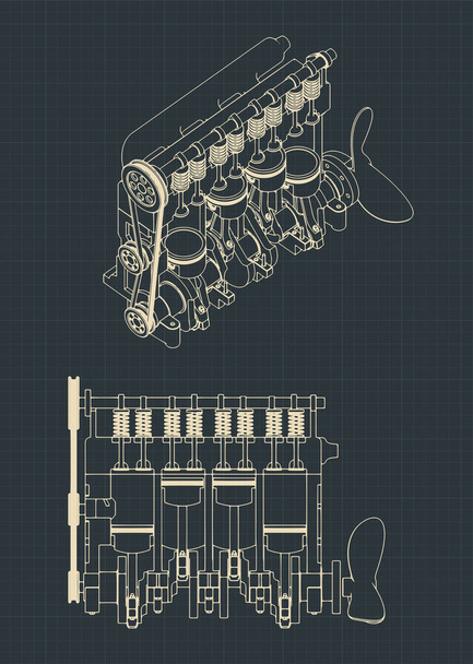 Stylized vector illustrations of a four-cylinder diesel engine cutaway drawings - Vector, Image