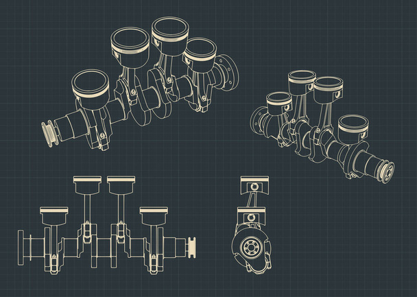 Stylized vector illustrations of drawings of Piston group with crankshaft - Vector, Image