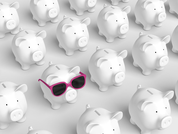 Banco porquinho - grade com porco com óculos de sol rosa
 - Foto, Imagem