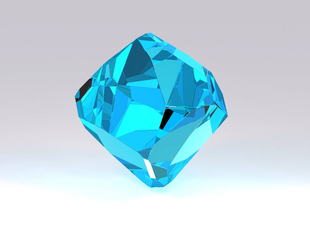 3D obraz Azure Topaz - Clear Crystal na bílém pozadí - Fasetovaný Big Aquamarine Gem Stone - Topaz nebo Indigolite Cutting Mineral - Fotografie, Obrázek