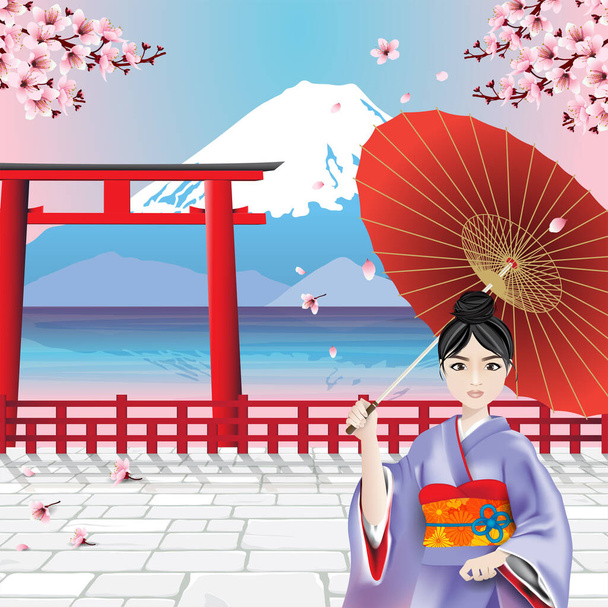 Γιαπωνέζα που φοράει εθνικό φόρεμα, Kimono, και κρατά ομπρέλα με το βουνό Fuji και άνθη κερασιάς. Εικονογράφηση διανύσματος. - Διάνυσμα, εικόνα