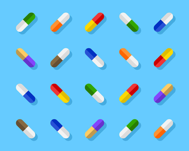 Varied and colorful pills, capsules. Aesthetic assortment and playful arrangement of medicine in different colors. Vector illustration in flat design. - Vector, Image