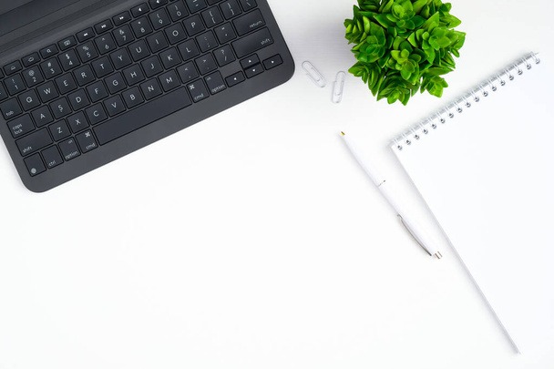 Мінімальний офісний стіл з клавіатурою комп'ютера ноутбука, чистим паперовим блокнотом, білою ручкою та зеленою рослиною. Стильний жіночий робочий простір. Вид зверху, плоский ліжко
 - Фото, зображення