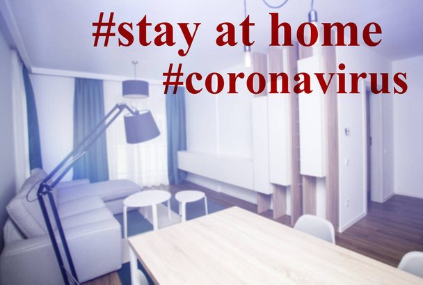 Staying at home with self quarantine to help slow outbreak and protect coronavirus spread.Appartment interior with stay at home text. - Photo, Image