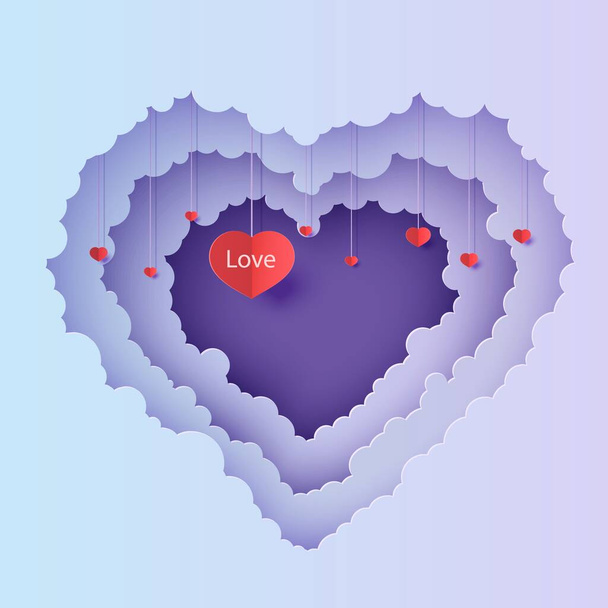 Valentine knipte 3D-achtergrond uit met violet blauw gradiënt bewolkt landschap papercut kunst. Nachtelijke hemel wolken hart frame met harten op touw in papier gesneden stijl. Vector Valentines kaart. Mooi cadeau.. - Vector, afbeelding
