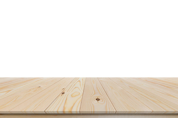Pusty drewniany stół na białym tle, szablon wyświetlacza produktu. - Zdjęcie, obraz