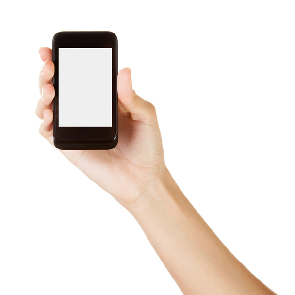 Рука держит смартфон изолирован на белом фоне - Фото, изображение